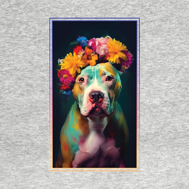 American Staffordshire Terrier Pitbull Vibrant Tropical Flower Tall Digital Oil Painting Portrait  10 by ArtHouseFlunky